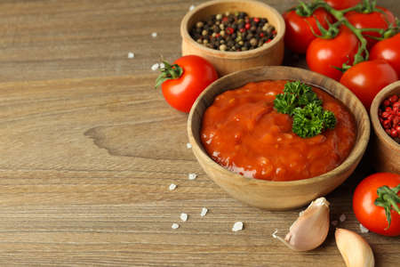 Concept of tasty food with adjika, space for textの写真素材