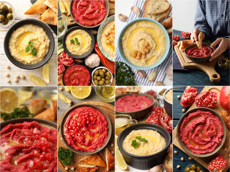 Photo collage of different compositions with hummusの写真素材