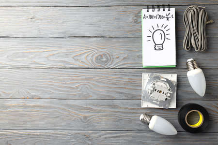 Concept of electrician tools, space for text