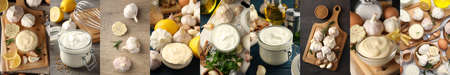Photo collage of different compositions with garlic sauceの写真素材