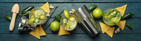 Concept of drink with Jalapeno cocktail, top view