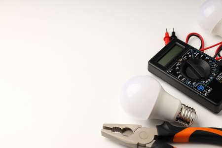 Concept of electrician tools, space for textの写真素材