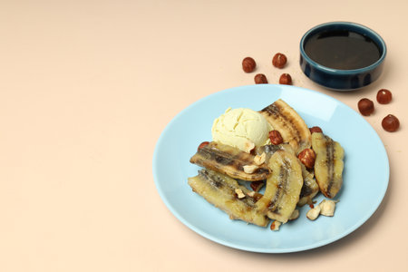 Concept of tasty food with grilled banana, space for textの写真素材
