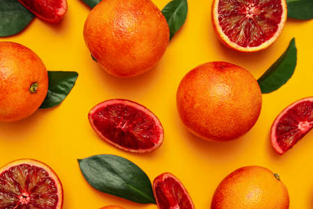 Concept of citrus with red orange, top view