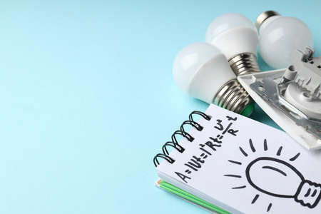 Concept of electrician tools, space for textの写真素材