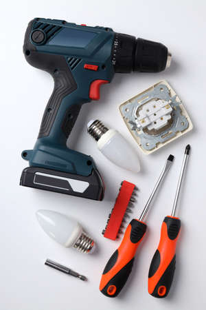 Concept of electrician or electrical tools, top viewの写真素材