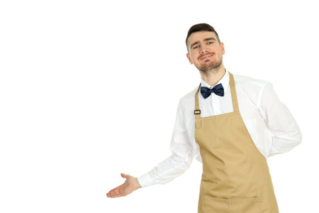 Young man waiter isolated on white backgroundの写真素材