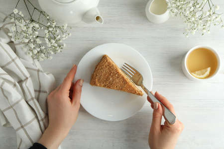 Concept of tasty dessert with honey cake, top viewの写真素材