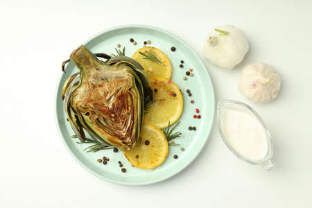 Concept of tasty food with grilled artichoke, top viewの写真素材