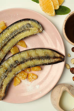 Concept of tasty food with grilled banana, top viewの写真素材