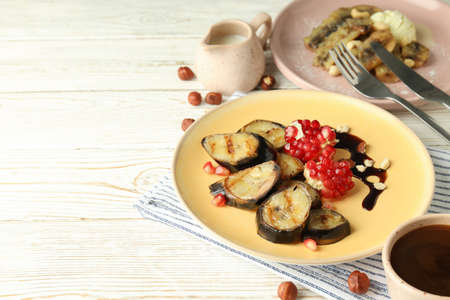 Concept of tasty food with grilled banana, space for textの写真素材