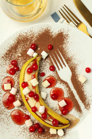 Concept of tasty food with delicious banana dessertの写真素材