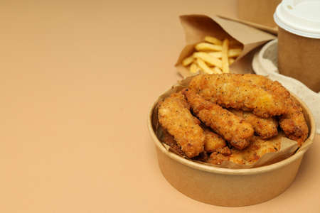 Concept of tasty food with Chicken strips, space for text