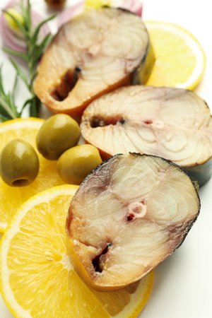 Concept of tasty food with smoked mackerel, close upの写真素材