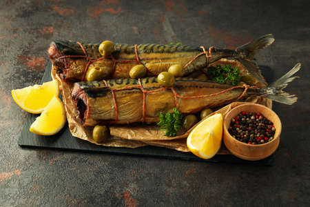 Concept of tasty food with smoked mackerel, close up
