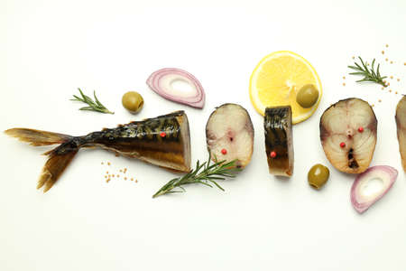 Concept of tasty food with smoked mackerel on white backgroundの写真素材