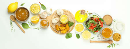 Concept of tasty food with sauce, top viewの写真素材