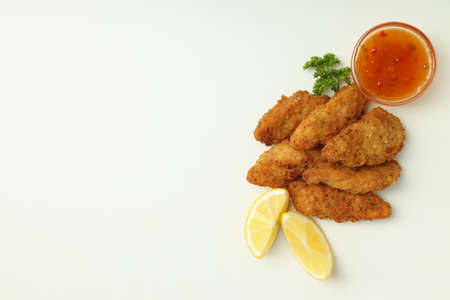 Concept of tasty food with Chicken strips, space for text