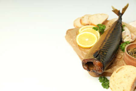 Concept of tasty food with smoked mackerel on white backgroundの写真素材
