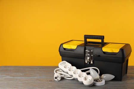 Concept of electrician tools, space for textの写真素材