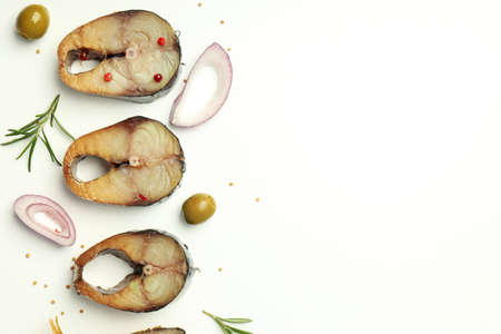 Concept of tasty food with smoked mackerel, space for textの写真素材