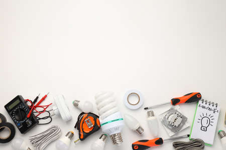 Concept of electrician tools, space for text