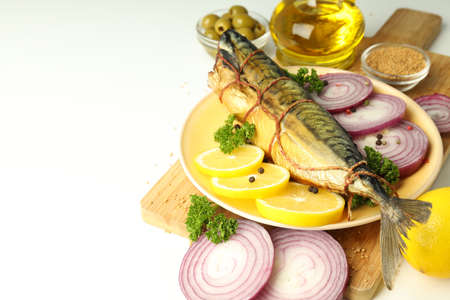 Concept of tasty food, smoked mackerel on white backgroundの写真素材