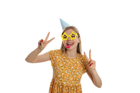 Concept of Happy Birthday with young girl, isolated on white background