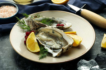 Concept of delicious seafood, oysters, close up