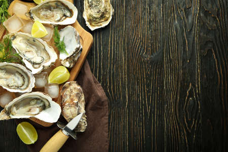 Concept of seafood, oysters, space for textの写真素材