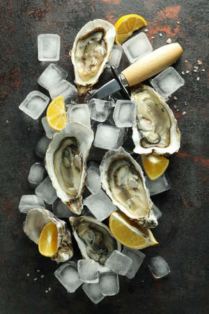 Concept of delicious seafood, oysters on dark textured backgroundの写真素材