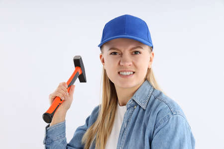 Concept of occupation, young woman on white backgroundの写真素材