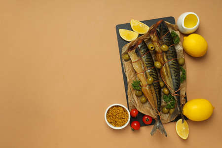 Concept of tasty food with smoked mackerel, space for text