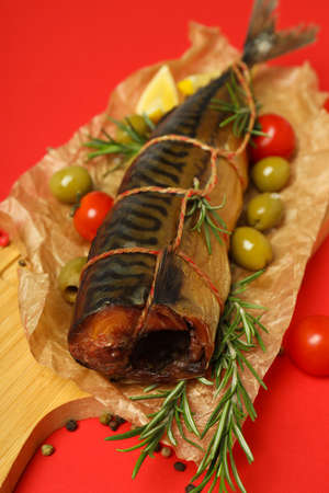 Concept of tasty food with smoked mackerel, close up