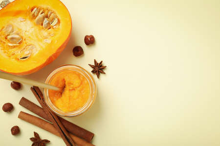 Concept of tasty food, pumpkin jam, space for text