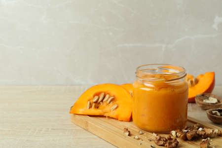 Concept of tasty food, pumpkin jam, space for textの写真素材