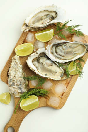 Concept of delicious seafood, oysters, top view