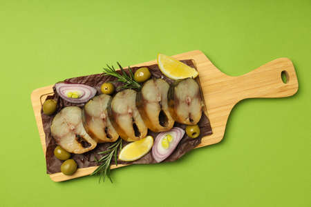 Concept of tasty food with smoked mackerel, top viewの写真素材