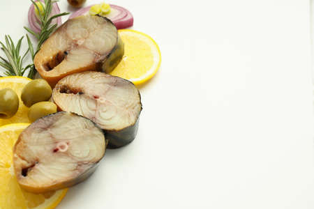 Concept of tasty food with smoked mackerel, space for text