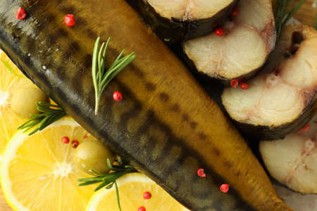 Concept of tasty food with smoked mackerel, close up