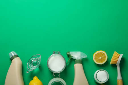 Concept of household cleaners, space for textの写真素材