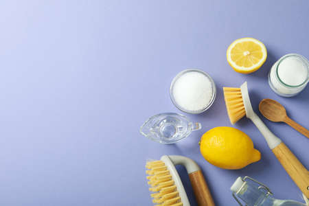 Concept of household cleaners, space for textの写真素材