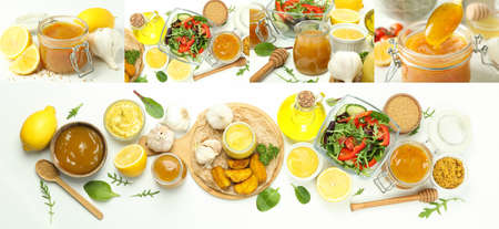 Collage of photos of food with honey mustard sauceの写真素材