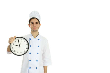 Concept of cooking, young man chef isolated on white backgroundの写真素材