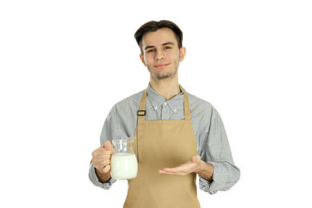 Concept of cooking, young man chef isolated on white backgroundの写真素材