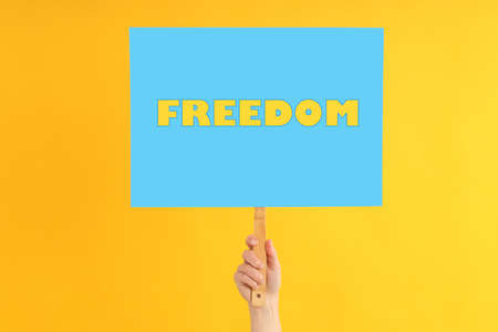 Female hand holds protest sign with text Freedom on yellow background