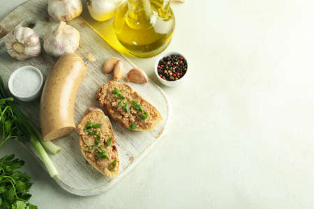 Concept of tasty food, liverwurst, space for text