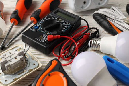 Concept of electrician or electrical tools, close upの写真素材