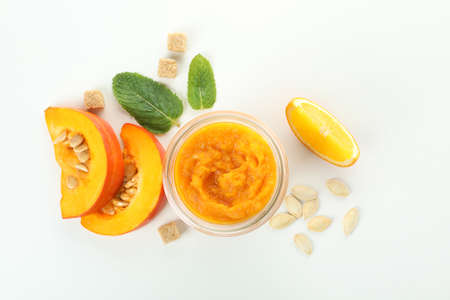 Concept of tasty food, pumpkin jam, top viewの写真素材