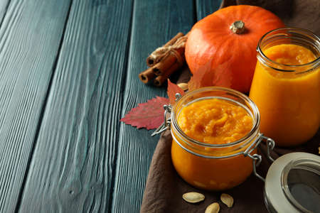 Concept of tasty food, pumpkin jam, space for textの写真素材